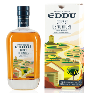 Bottle of whisky from the Côte Rôtie travel diary with its case from Distillerie des Menhirs